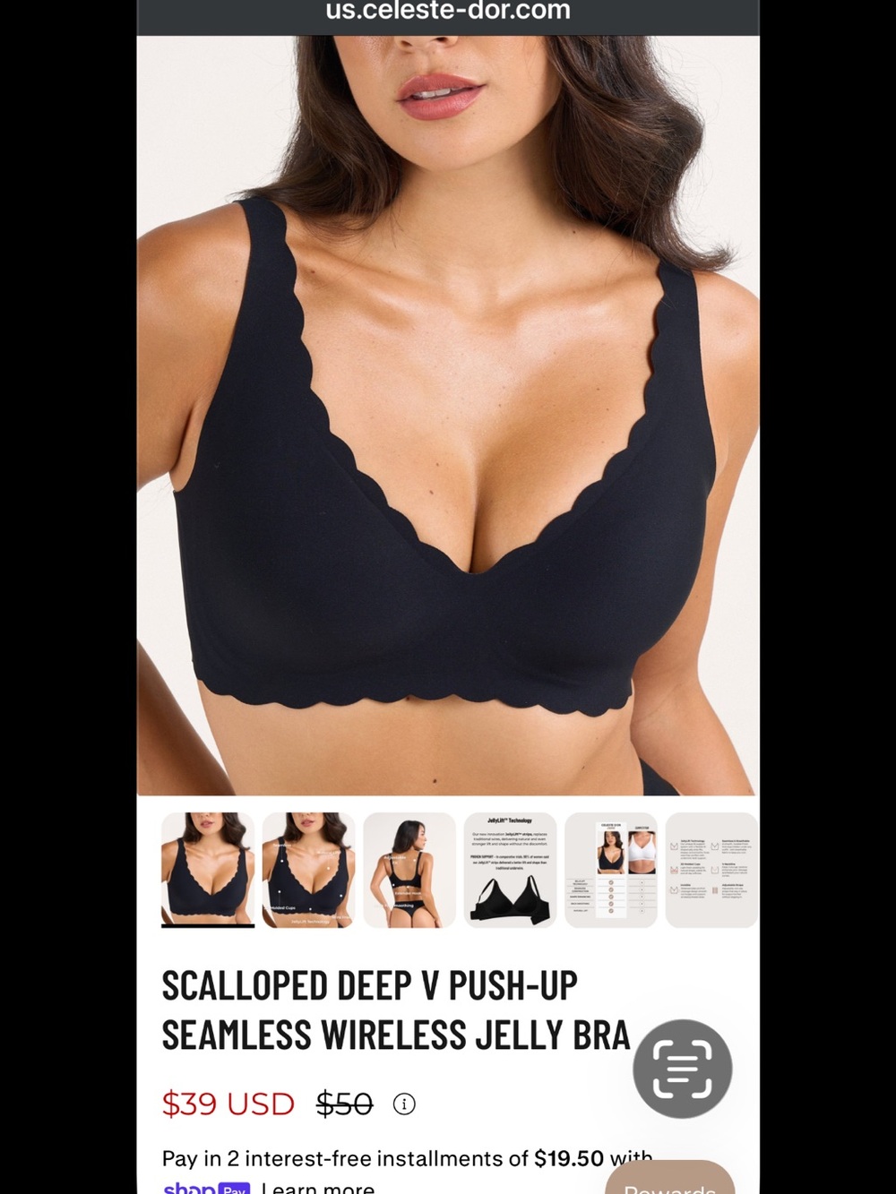 Celeste Scalloped Deep V Push-Up Seamless Wireless Bra - Black